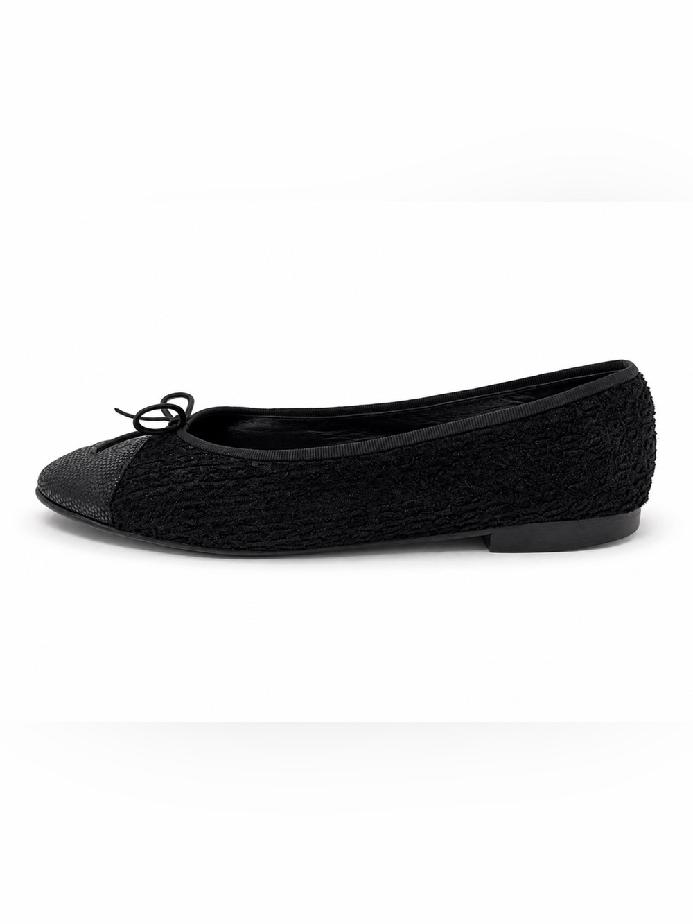 CHANEL Black Tweed Ballerina Flats Caviar Leather Cap Toe CC Bow Size 41